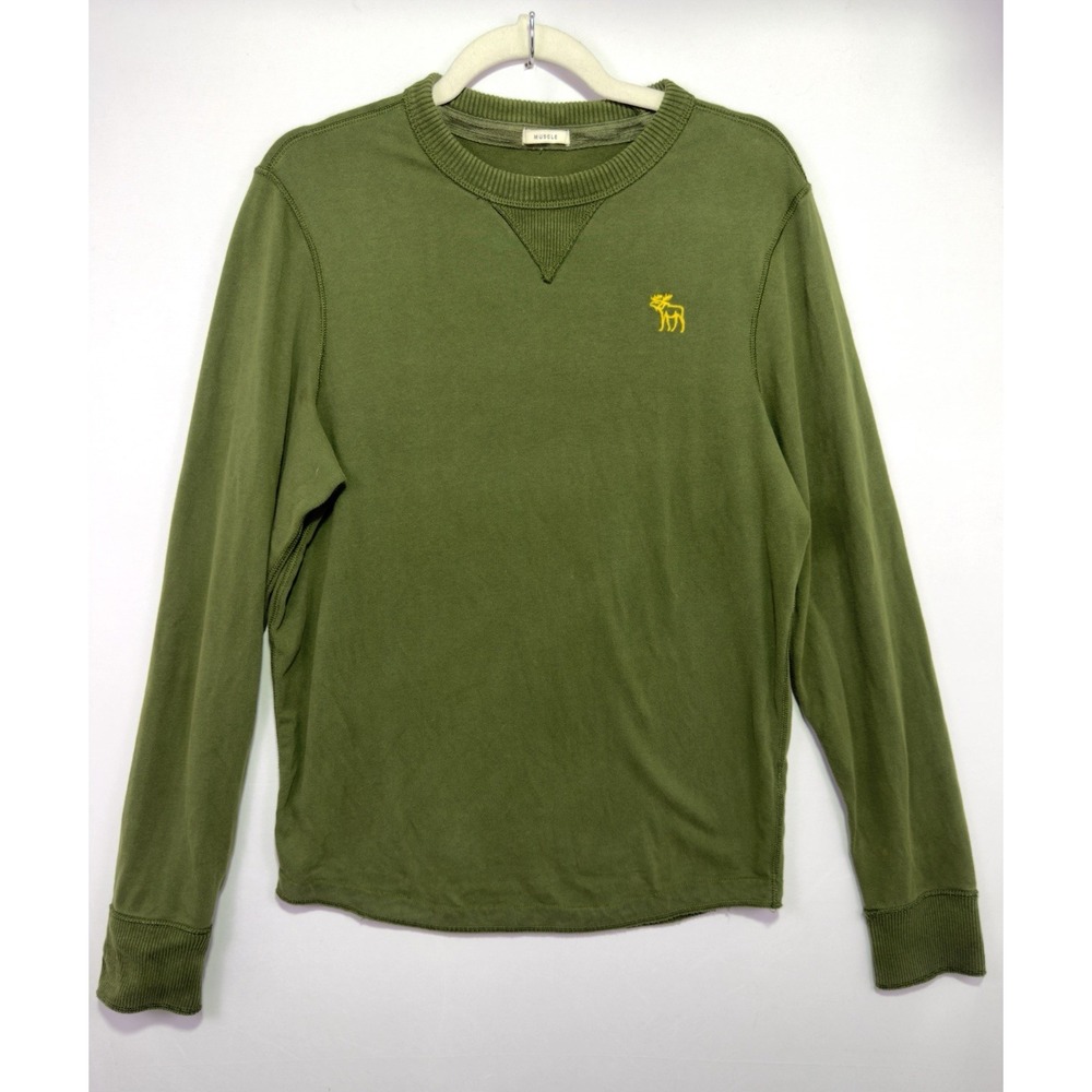 Abercrombie & Fitch Mens L Muscle Fit Green Crewneck Moose Logo Y2K 100% Cotton